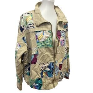 Patchit Womens XL Zip Up Parrot Tropical Floral Patchwork Lightweight Jacket